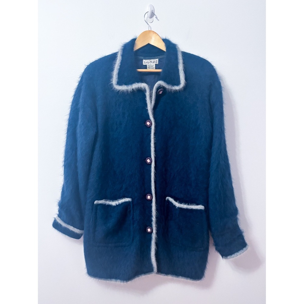 LADY MONICA Navy Angora Wool Fuzzy Long Button Front Cardigan X-Large